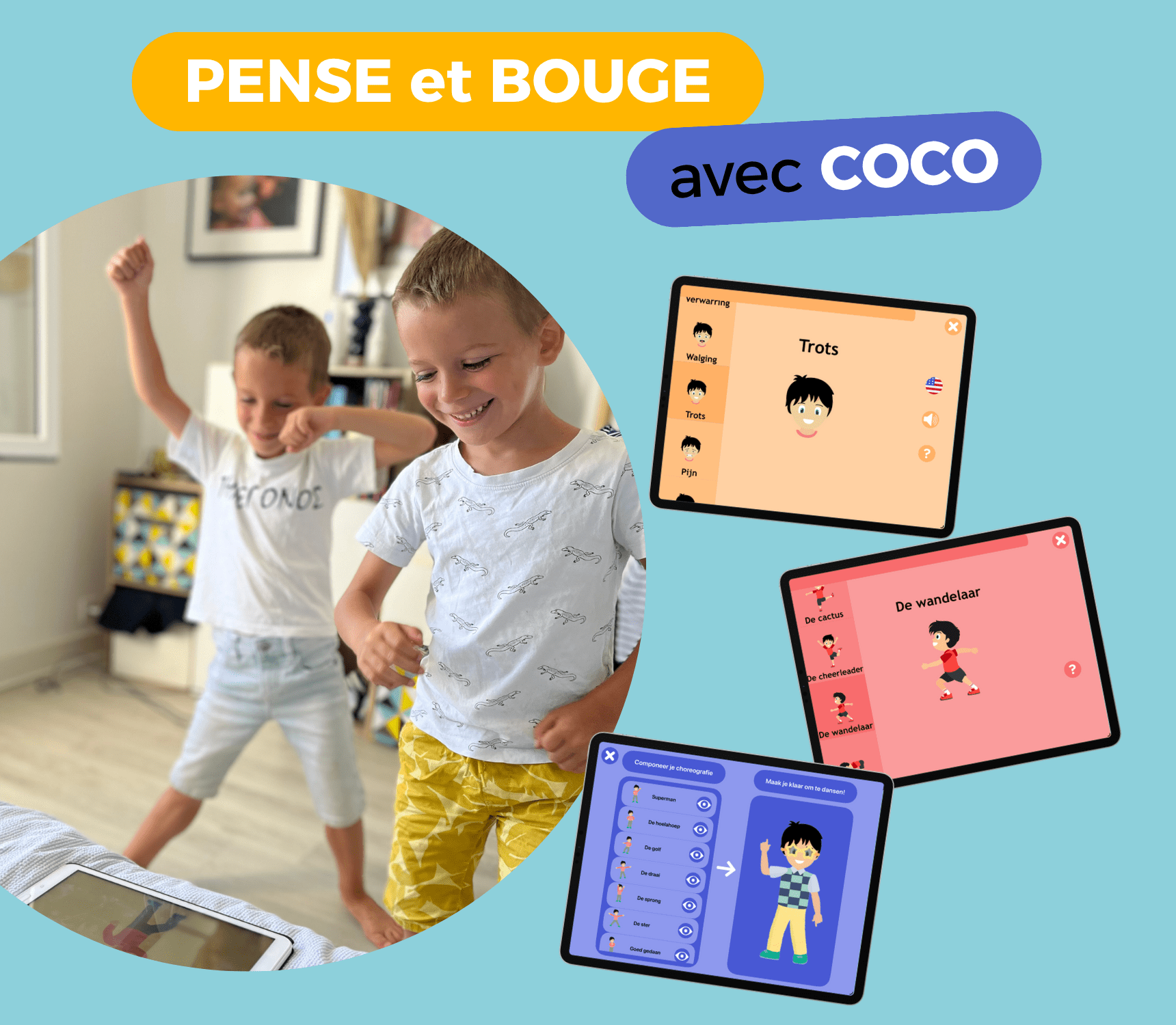 COCO PENSE et COCO BOUGE et La Bille qui roule — applications innovantes pour enfants