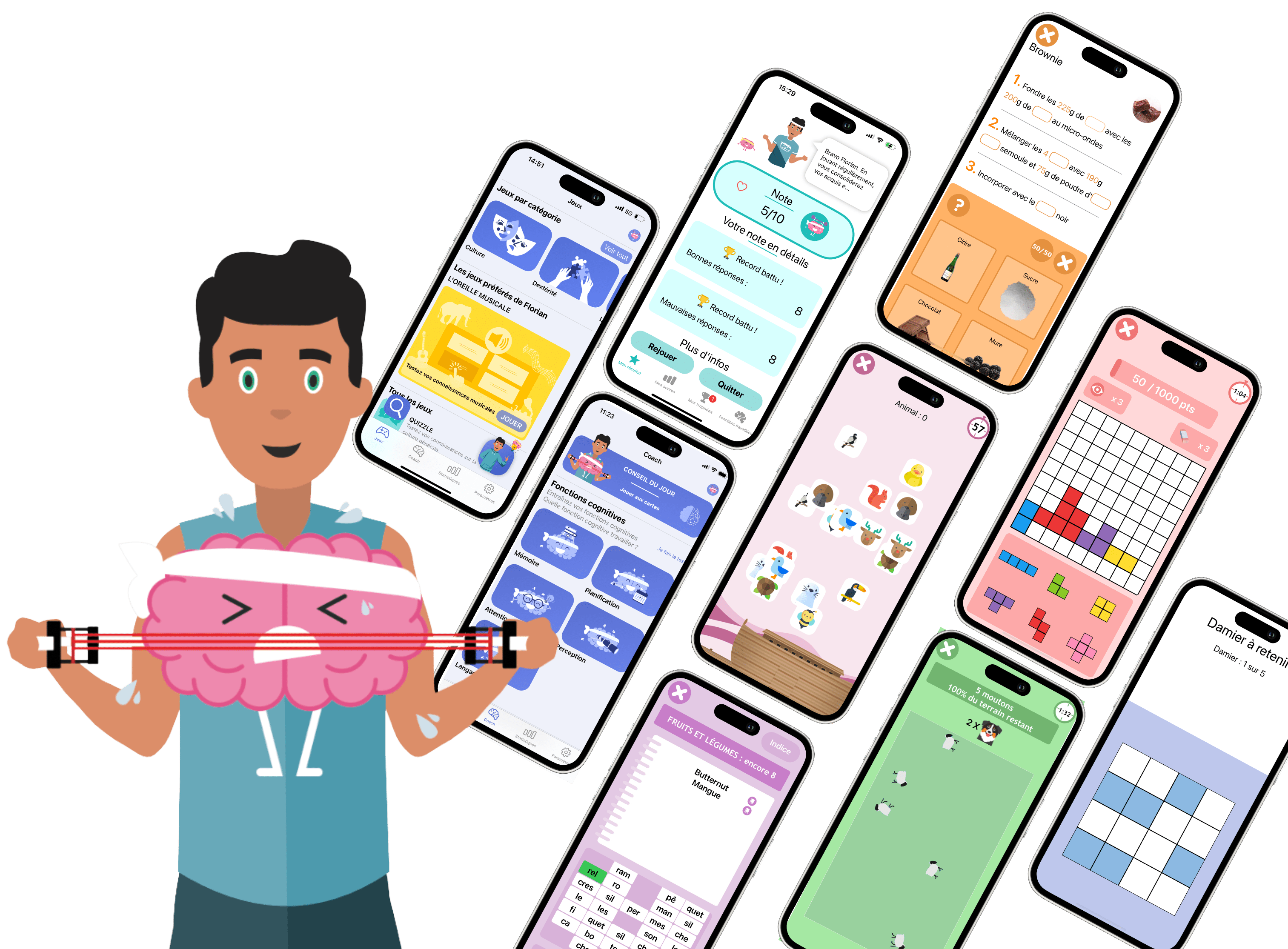 Application JOE — écrans des jeux cérébraux